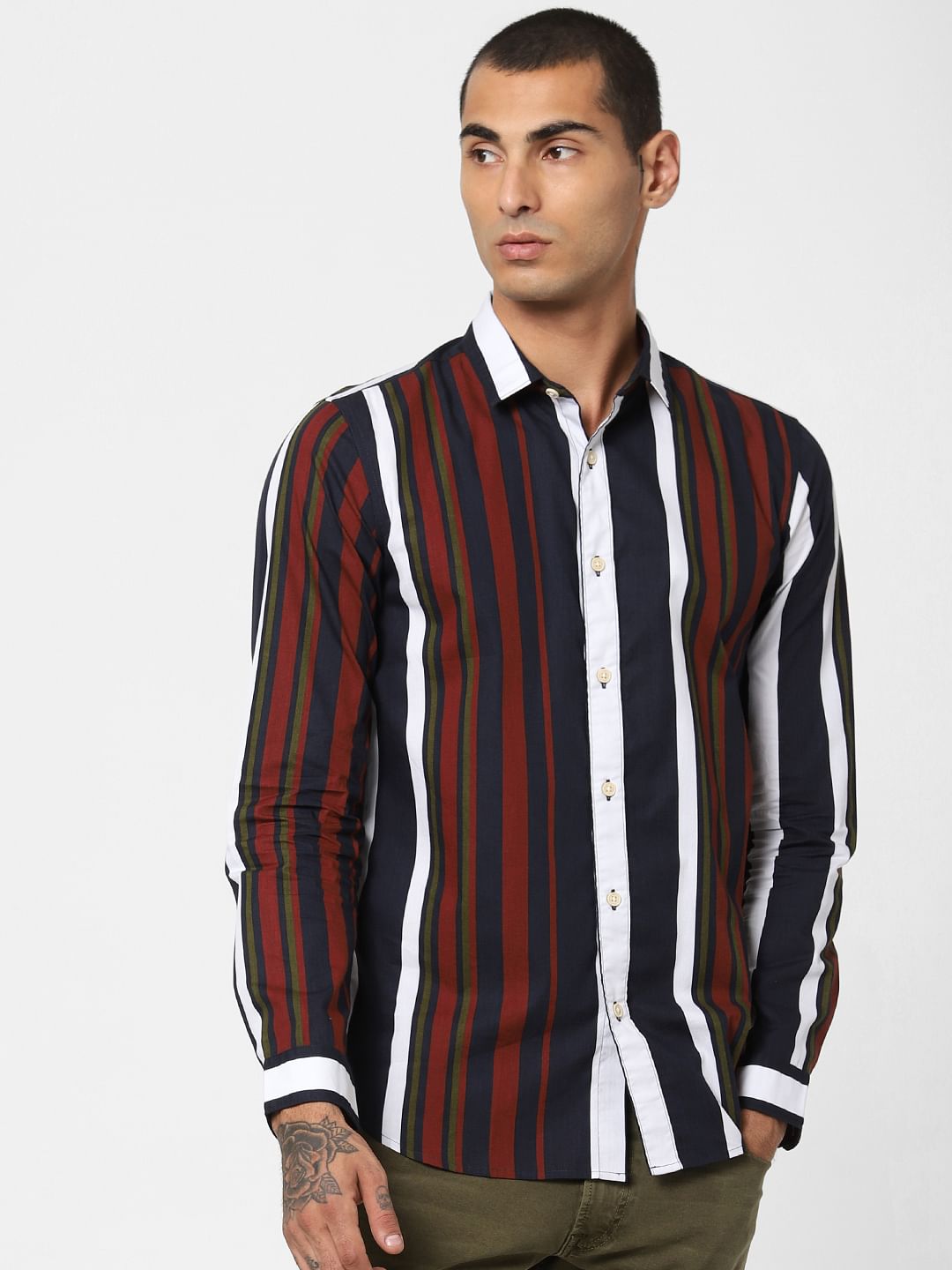 Navy Blue Striped Full Sleeves Shirt