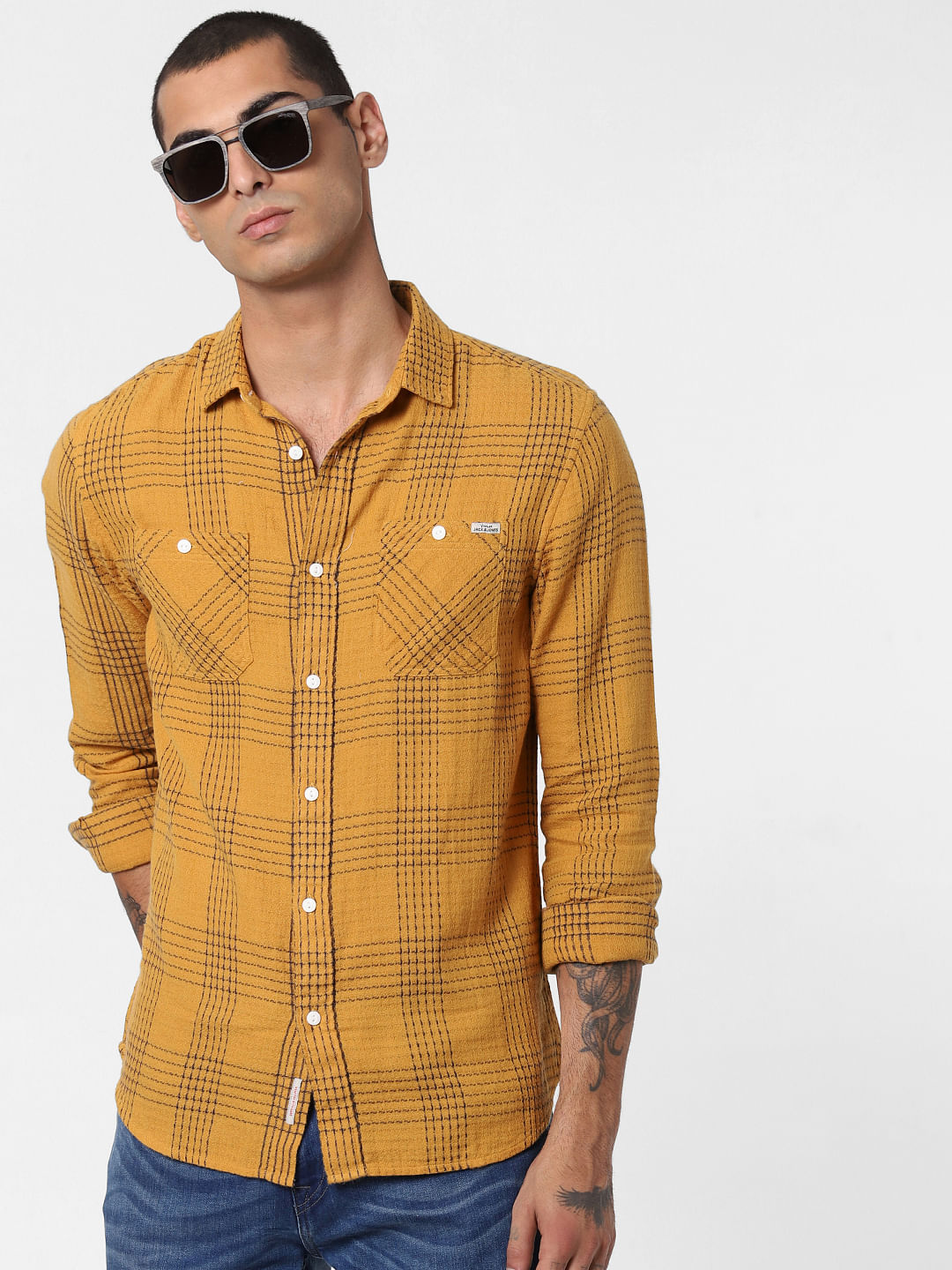 Mustard Printed Full Sleeves Shirt - S