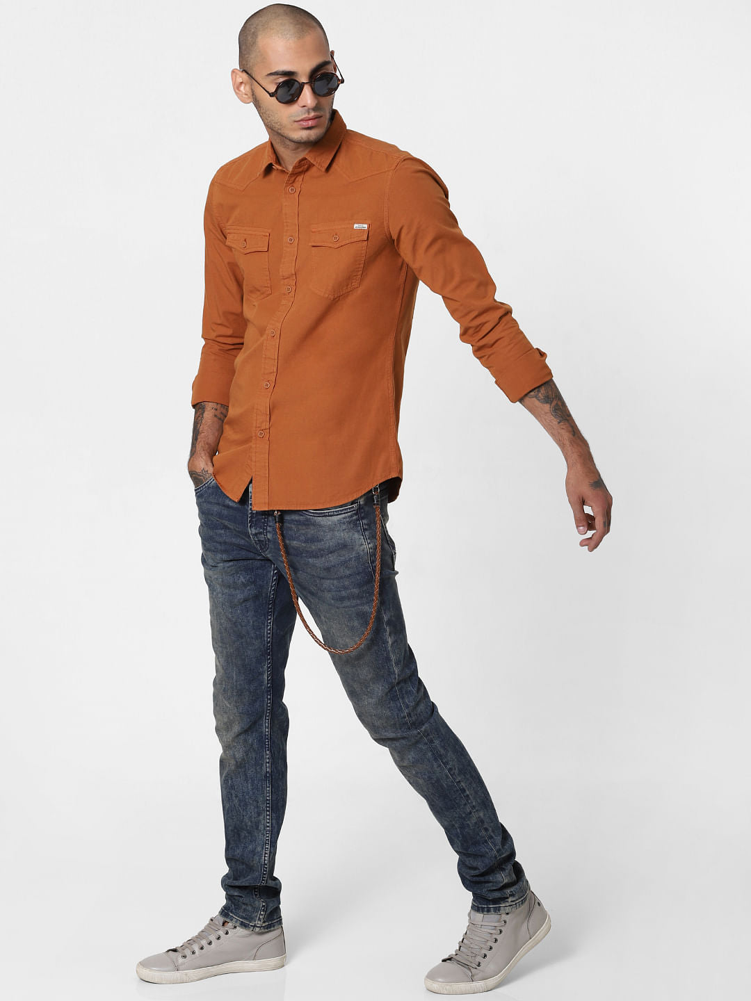 Brown Washed Full Sleeves Shirt - S