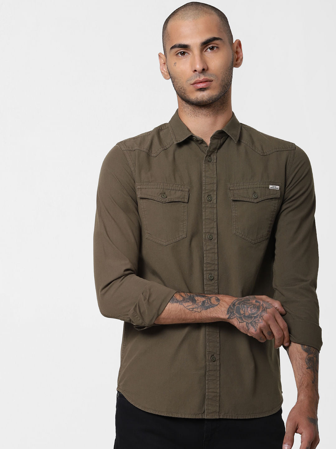 Dark Green Washed Full Sleeves Shirt