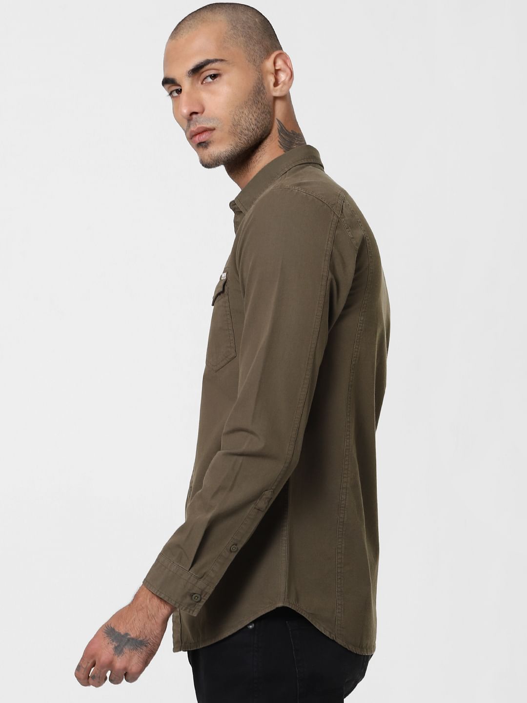Dark Green Washed Full Sleeves Shirt