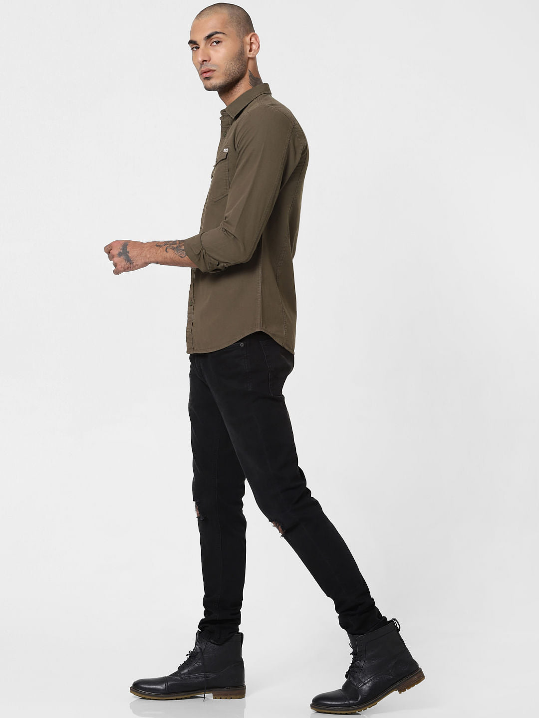 Dark Green Washed Full Sleeves Shirt