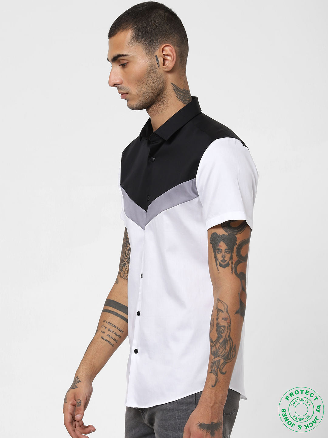 White Colourblocked Short Sleeves Shirt