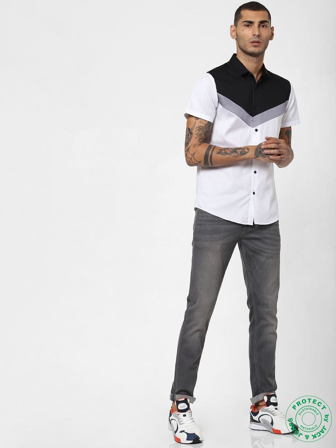 White Colourblocked Short Sleeves Shirt