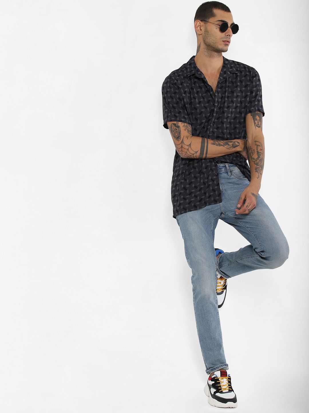 Dark Blue Printed Short Sleeves Shirt