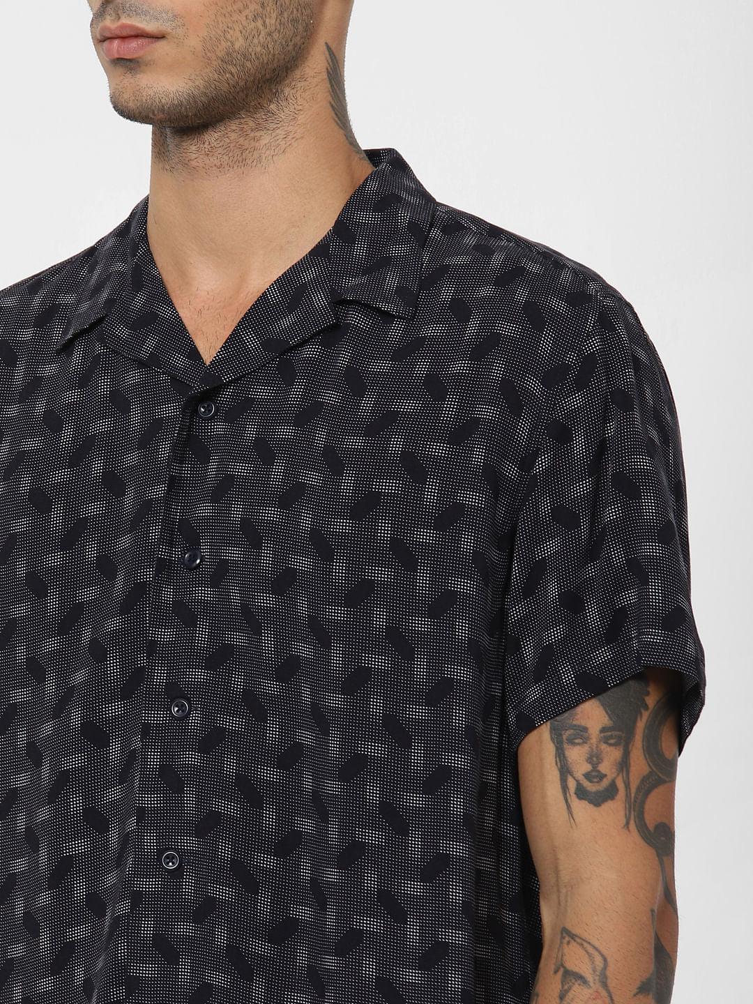 Dark Blue Printed Short Sleeves Shirt