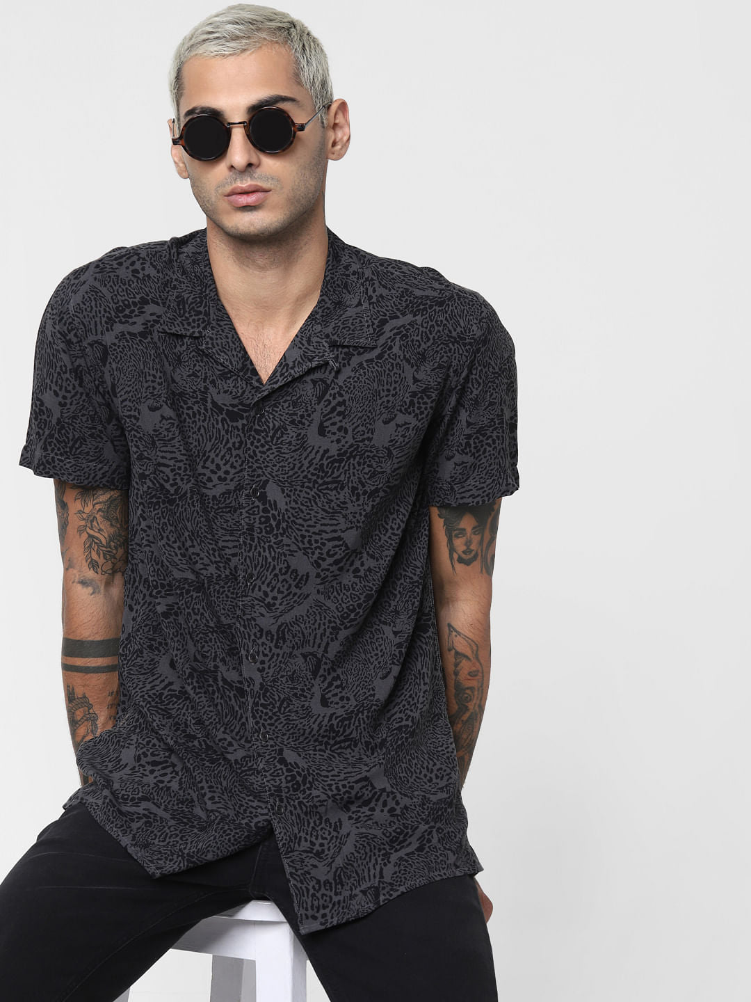 Dark Grey Animal Print Short Sleeves Shirt - S