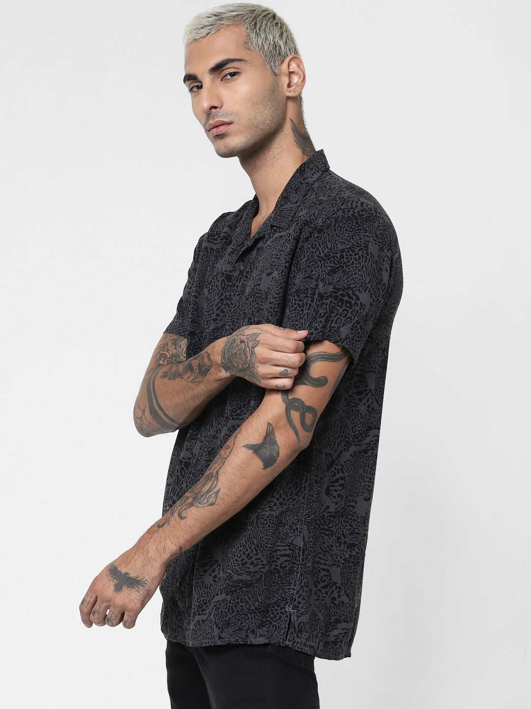 Dark Grey Animal Print Short Sleeves Shirt