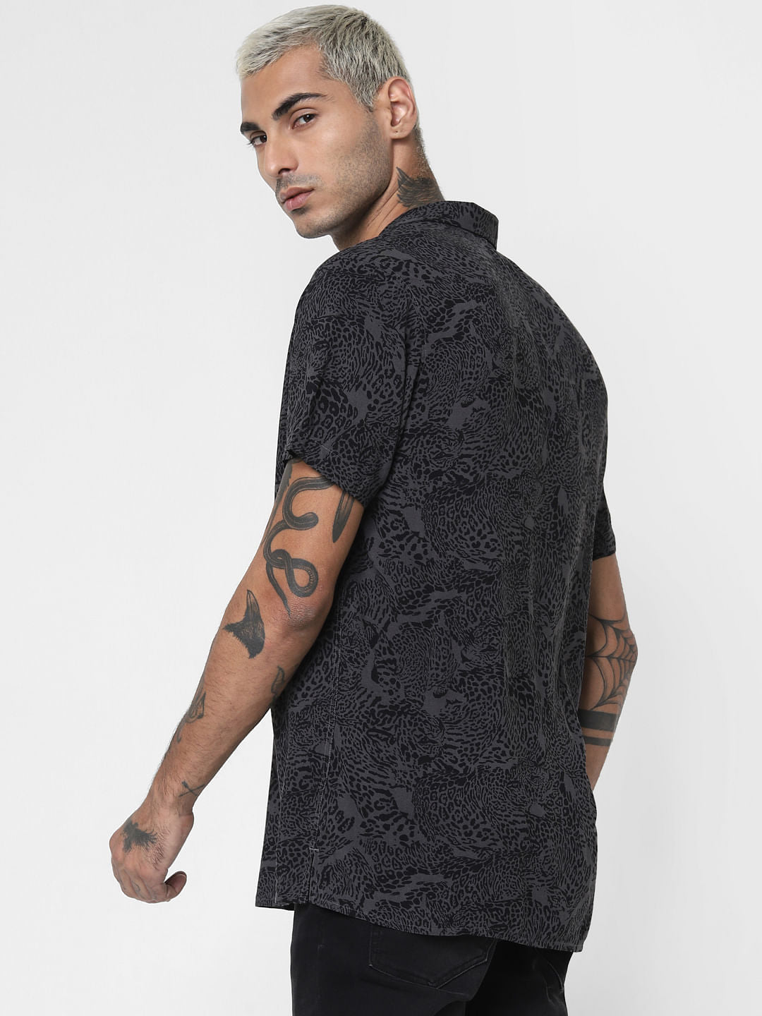 Dark Grey Animal Print Short Sleeves Shirt