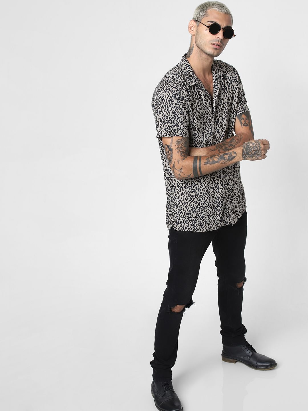 Black Animal Print Short Sleeves Shirt - S