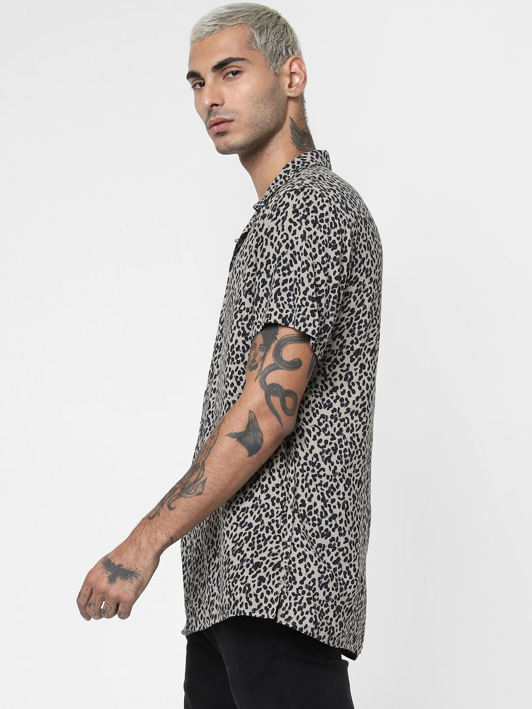 Black Animal Print Short Sleeves Shirt