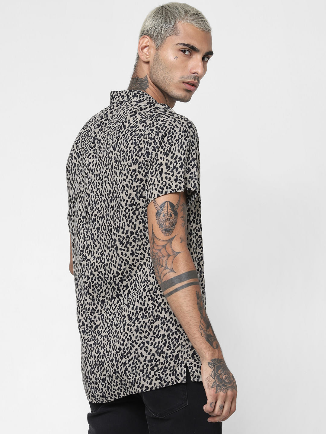 Black Animal Print Short Sleeves Shirt