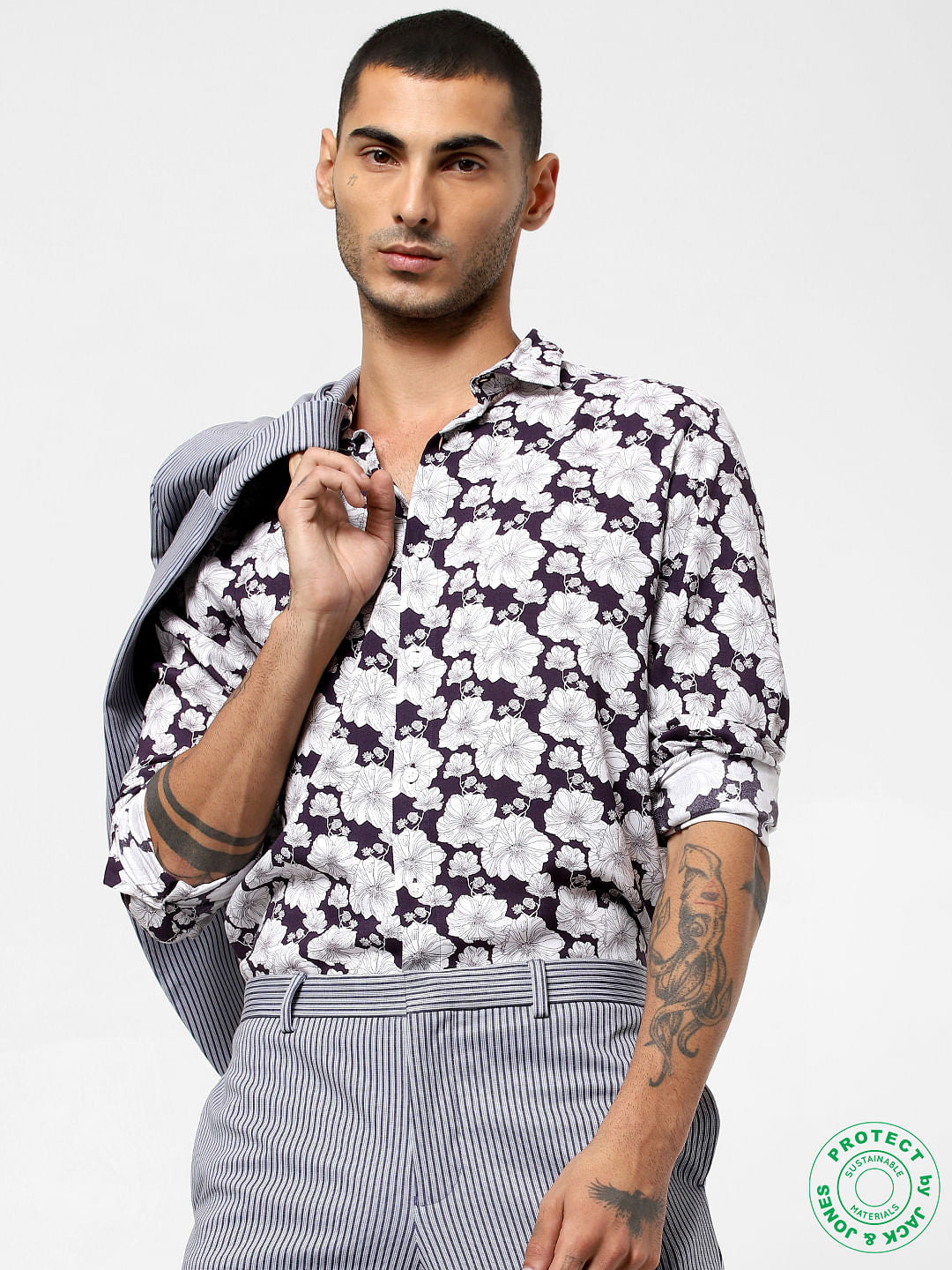 Dark Purple Floral Print Full Sleeves Shirt - S