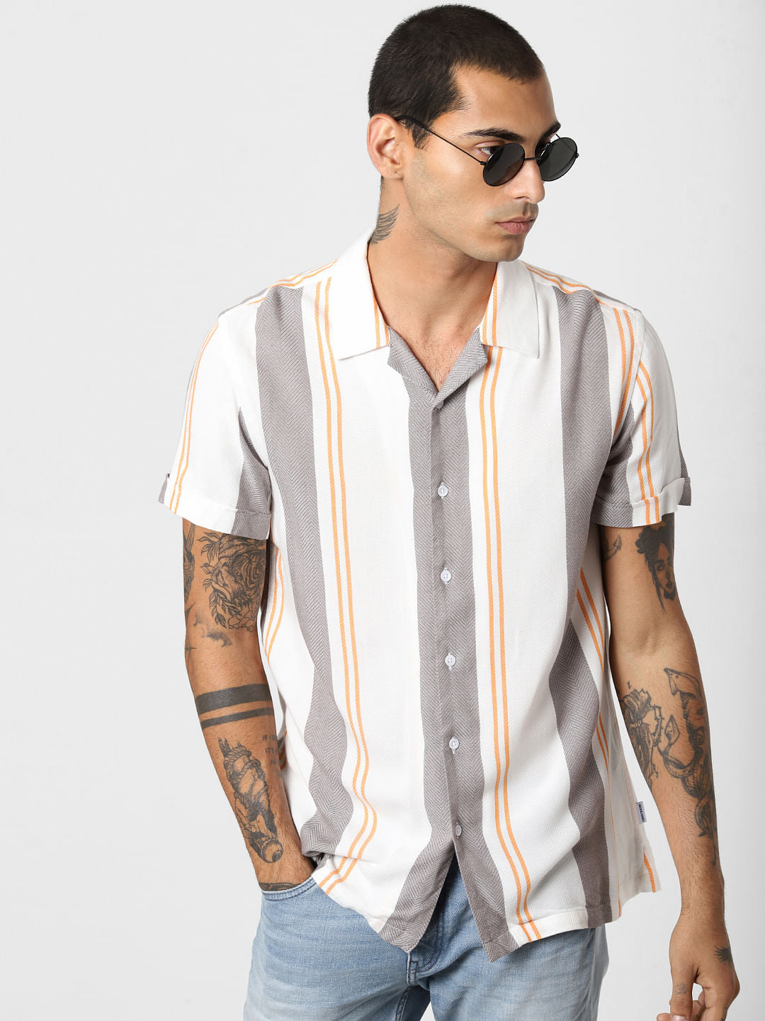 White Striped Short Sleeves Shirt - S