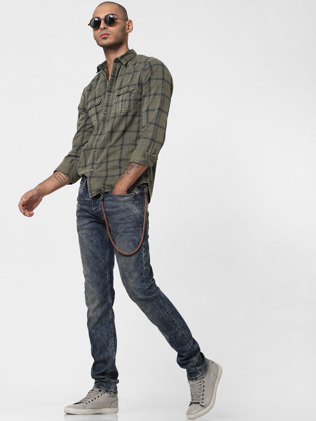 Khaki Overdyed Check Full Sleeves Shirt