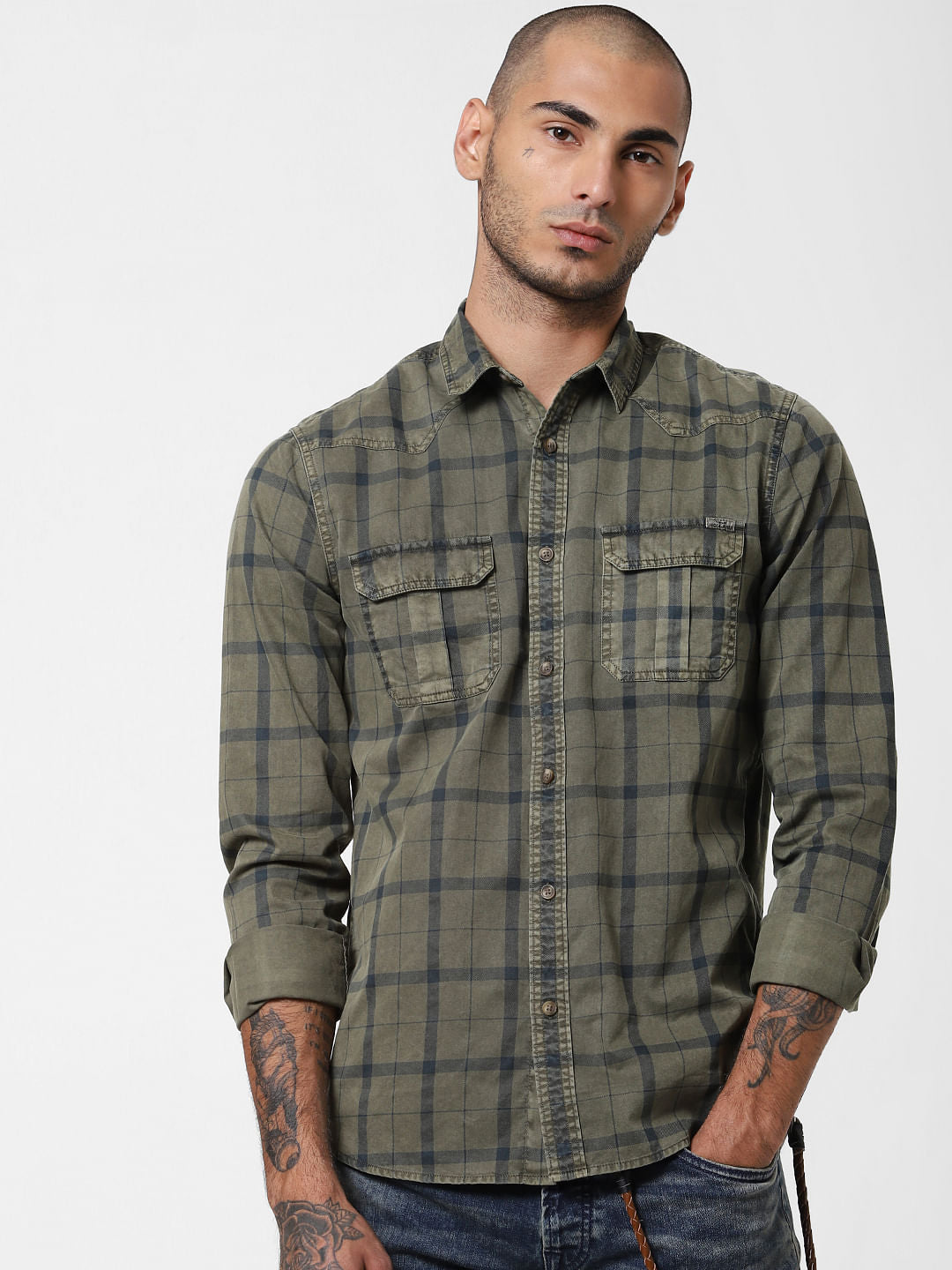 Khaki Overdyed Check Full Sleeves Shirt