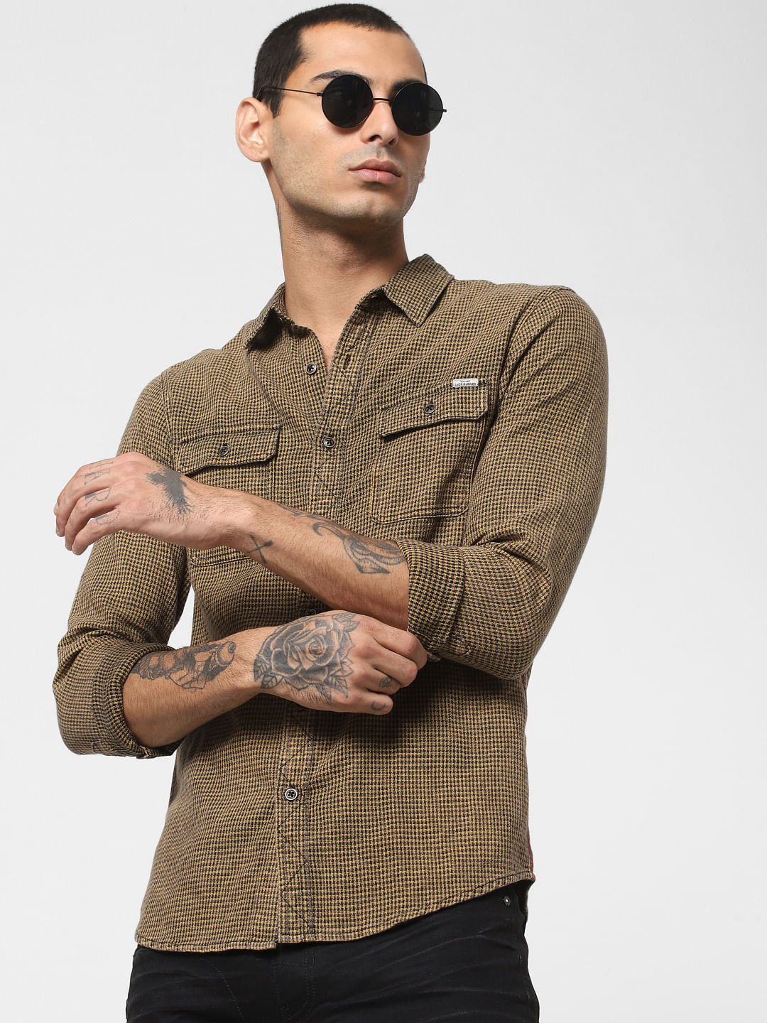 Brown Houndstooth Print Shirt - S