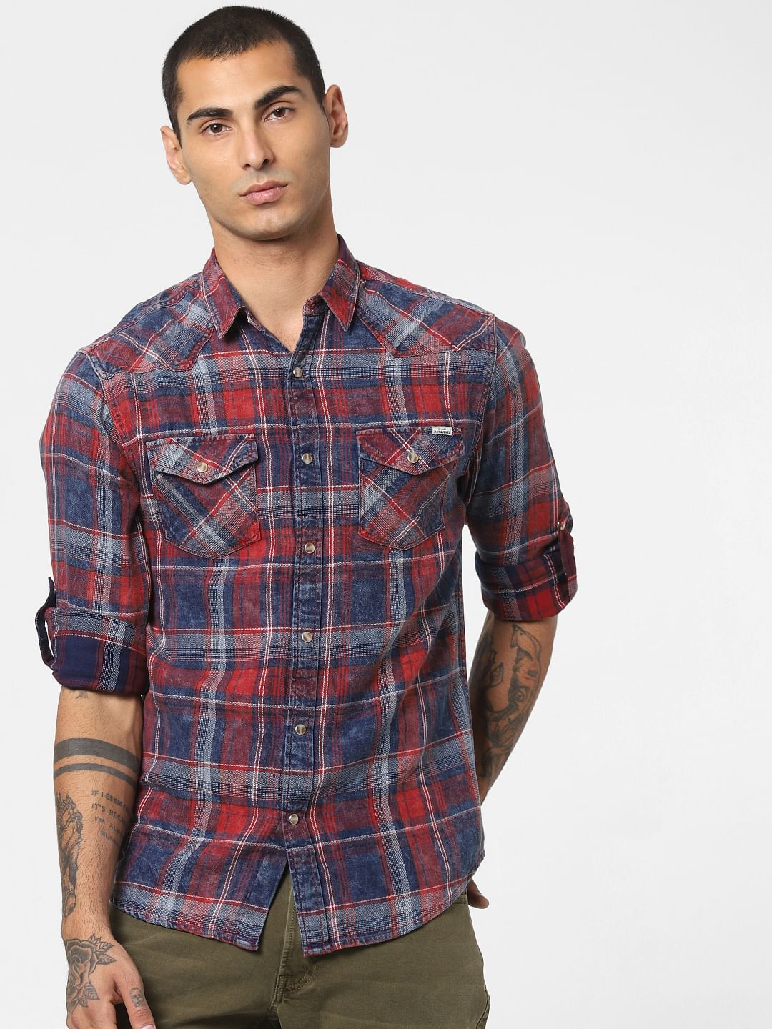 Red Washed Check Full Sleeves Shirt