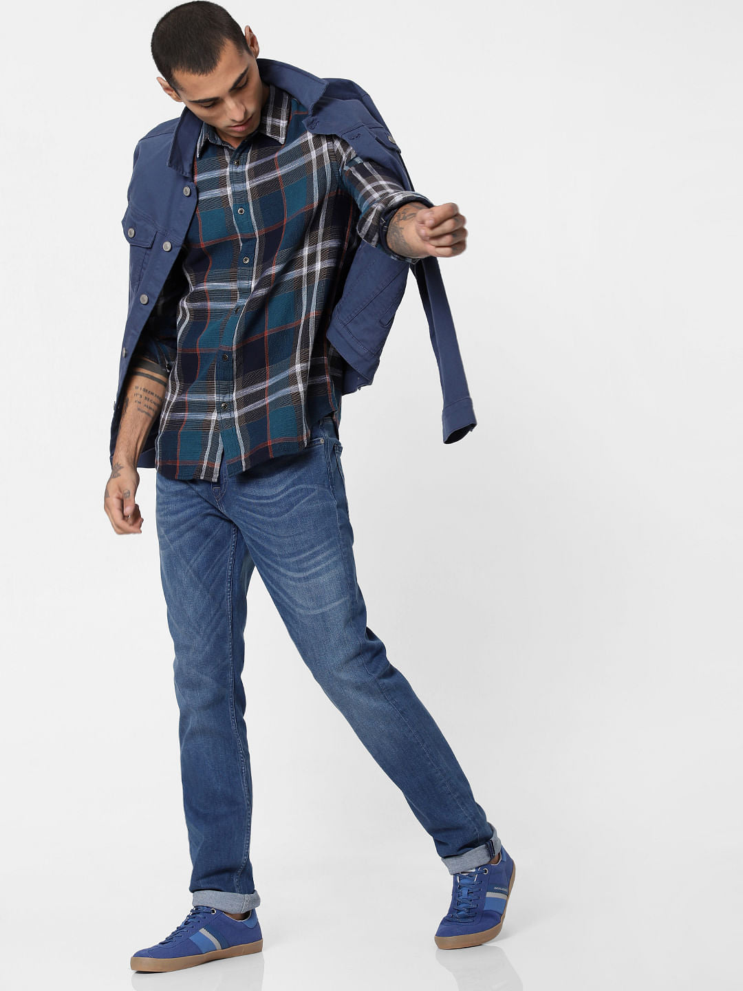 Navy Blue Check Full Sleeves Shirt - S