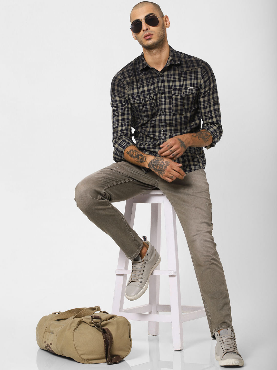 Navy Blue Check Full Sleeves Shirt - S