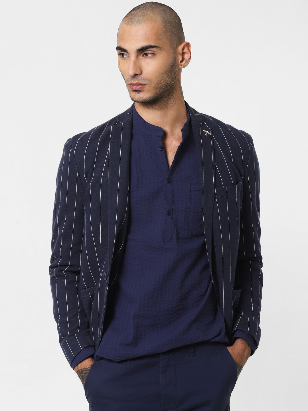 Navy Blue Textured Full Sleeves Shirt - S