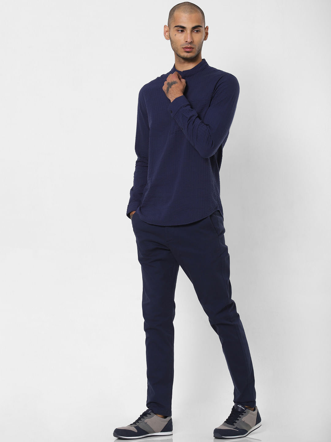 Navy Blue Textured Full Sleeves Shirt