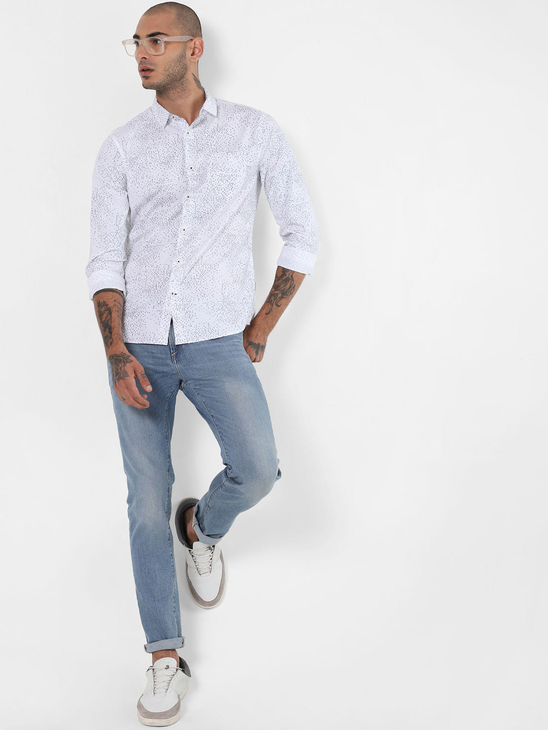 White All Over Print Full Sleeves Shirt - S