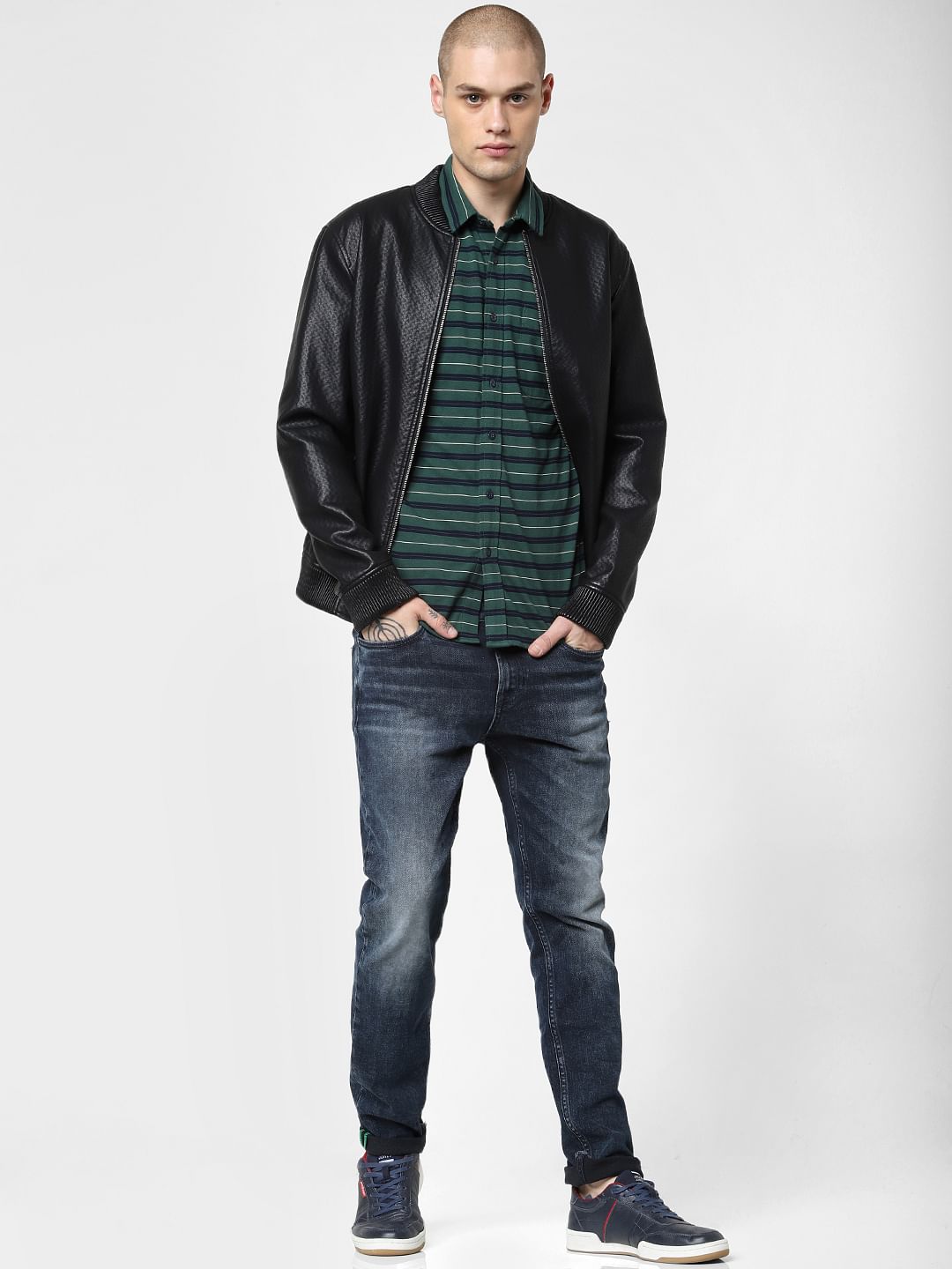Green Striped Full Sleeves Shirt - S