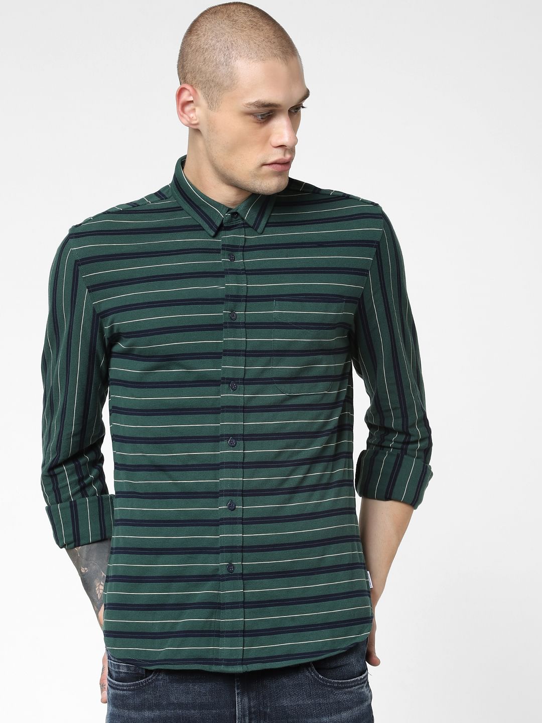 Green Striped Full Sleeves Shirt