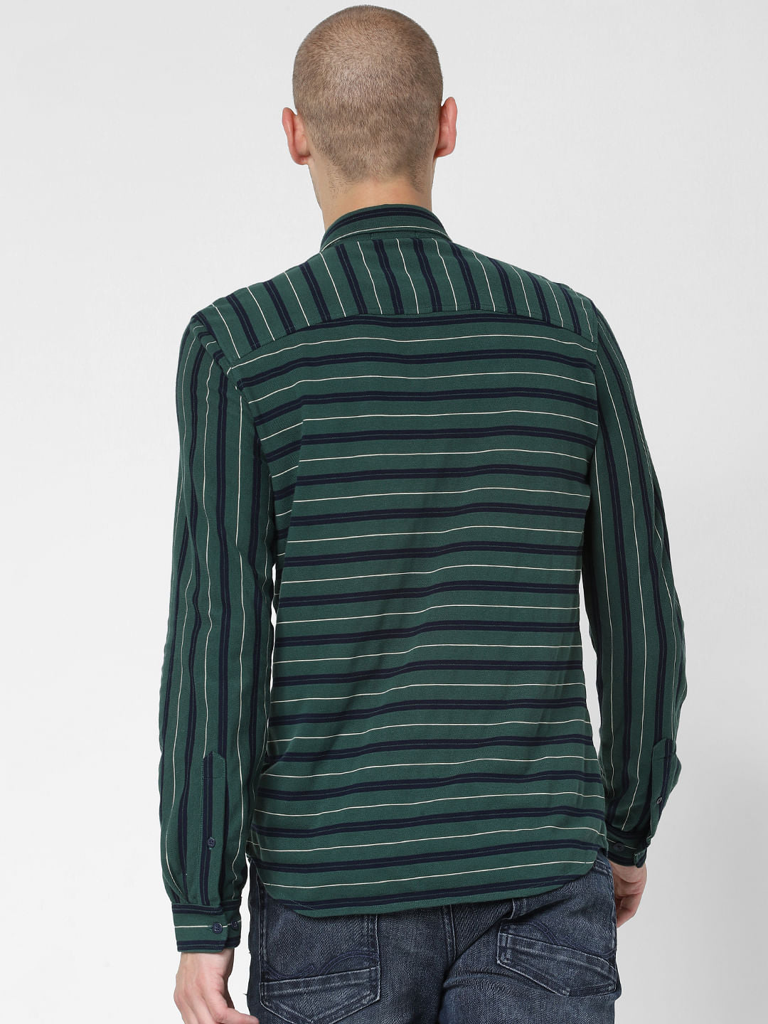 Green Striped Full Sleeves Shirt