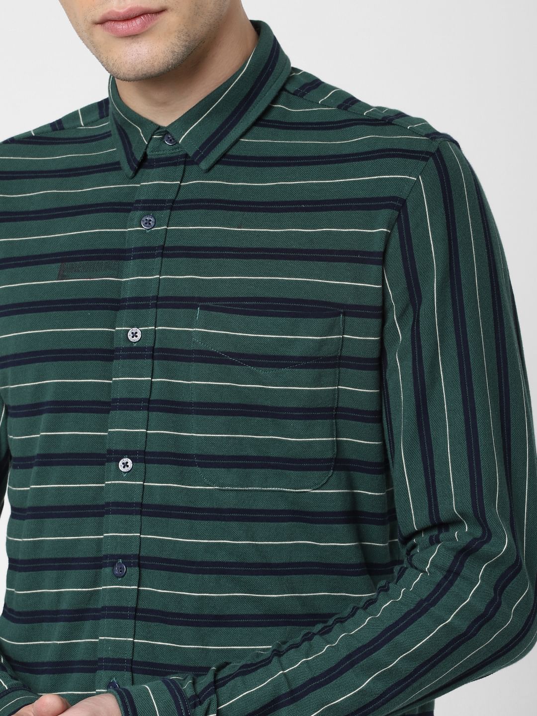 Green Striped Full Sleeves Shirt