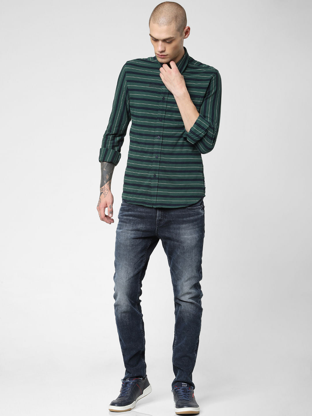 Green Striped Full Sleeves Shirt