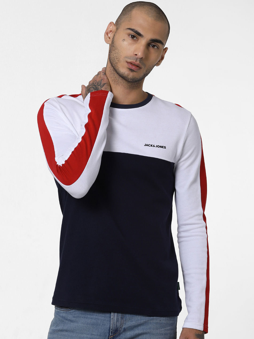 Navy Blue Colourblocked Crew Neck T-shirt