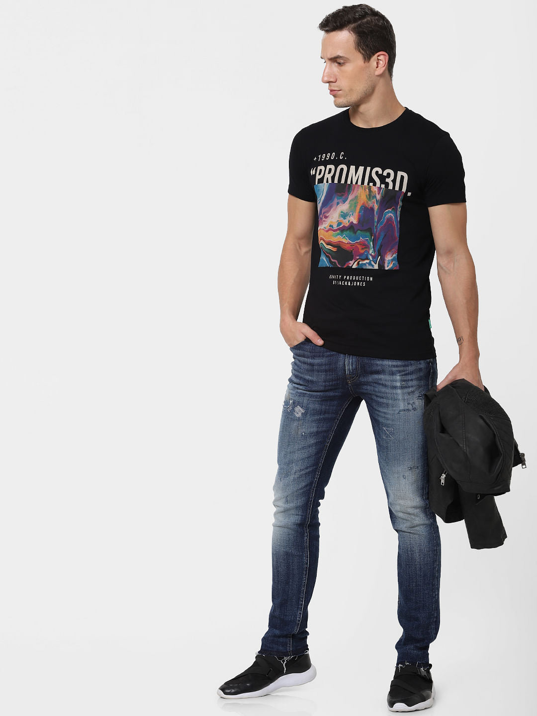 Black Graphic Print Crew Neck T-shirt - S