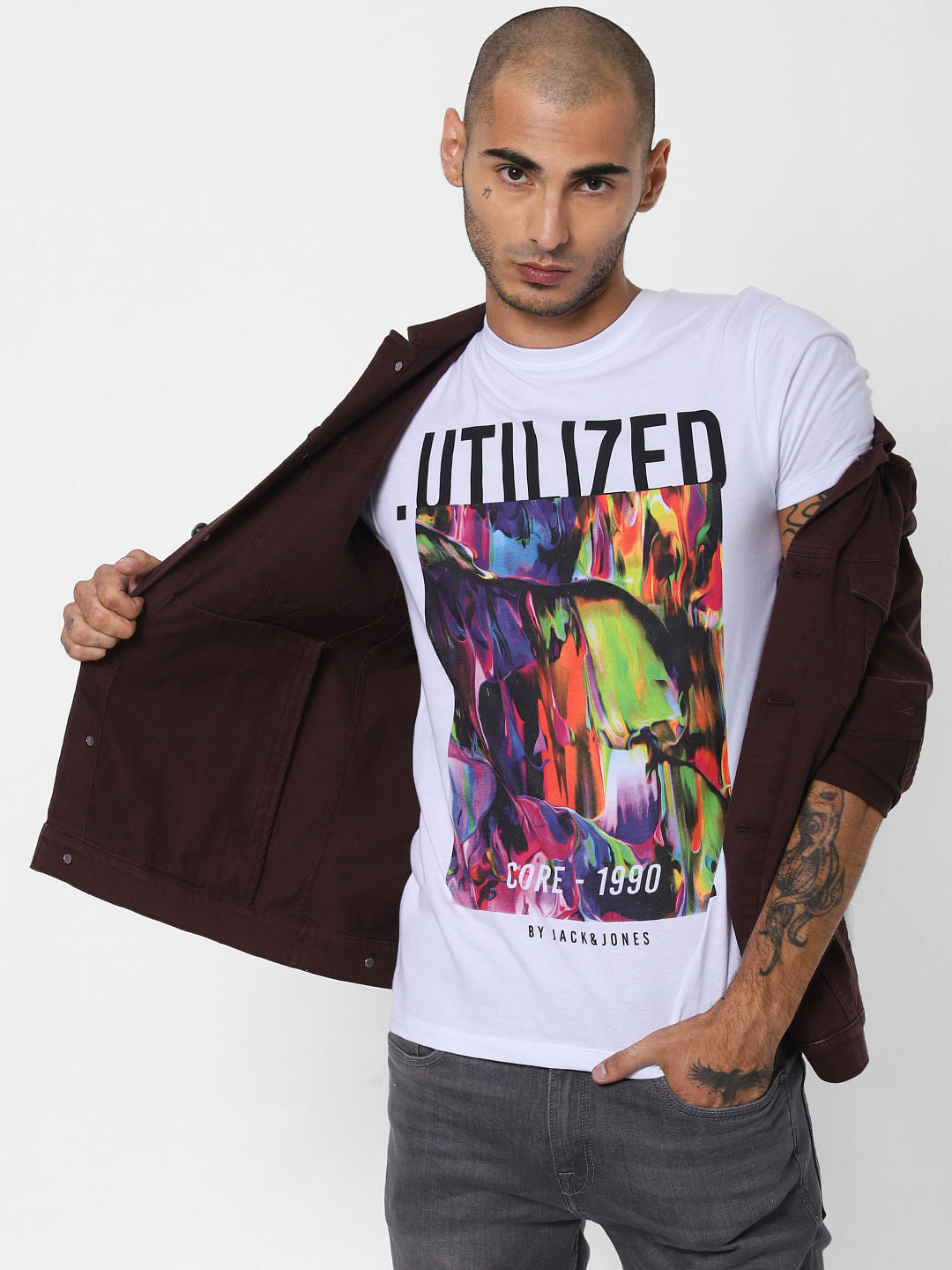White Abstract Print Crew Neck T-shirt - S