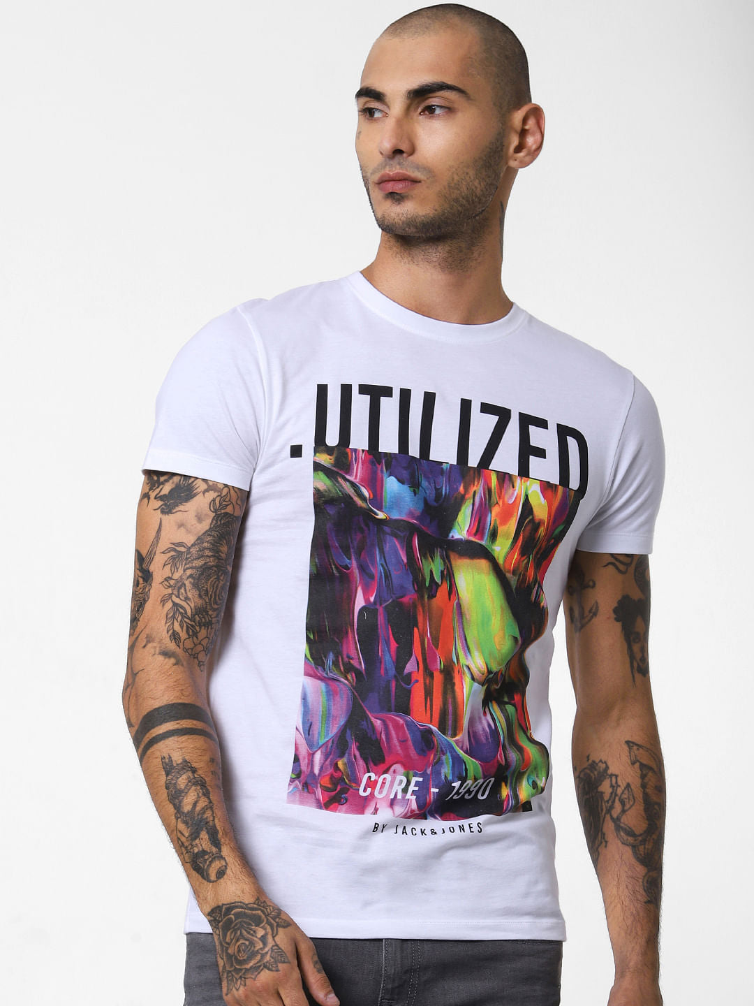 White Abstract Print Crew Neck T-shirt
