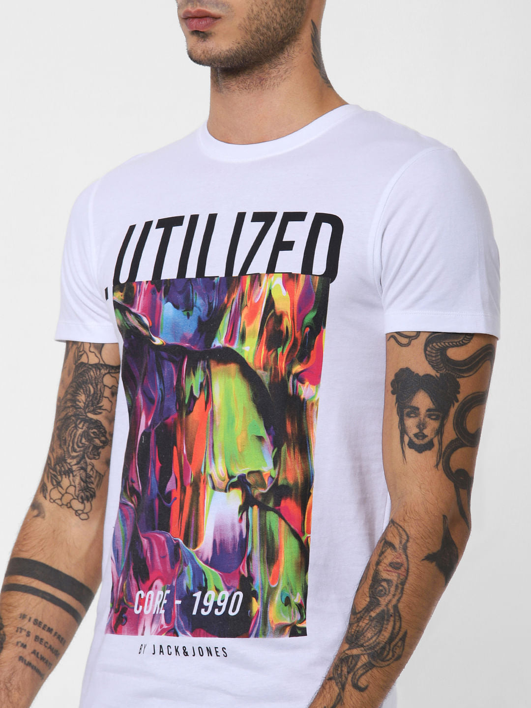 White Abstract Print Crew Neck T-shirt
