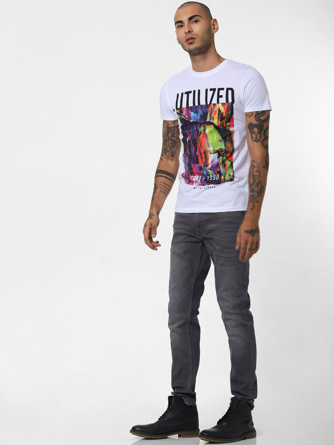 White Abstract Print Crew Neck T-shirt