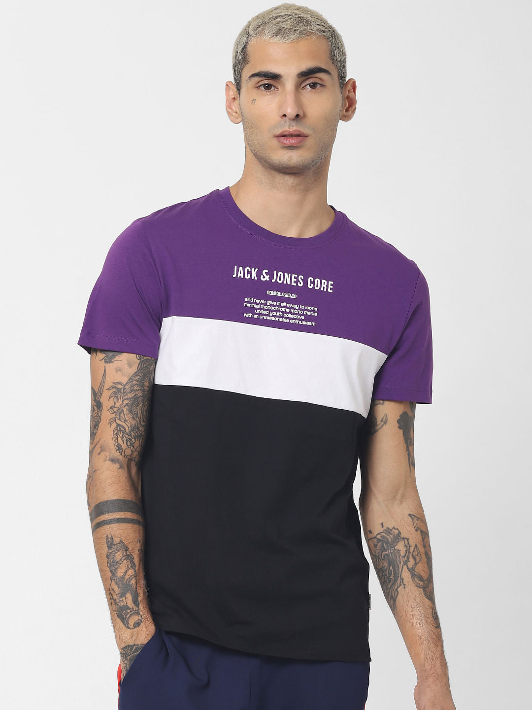 Purple Colourblocked Crew Neck T-shirt