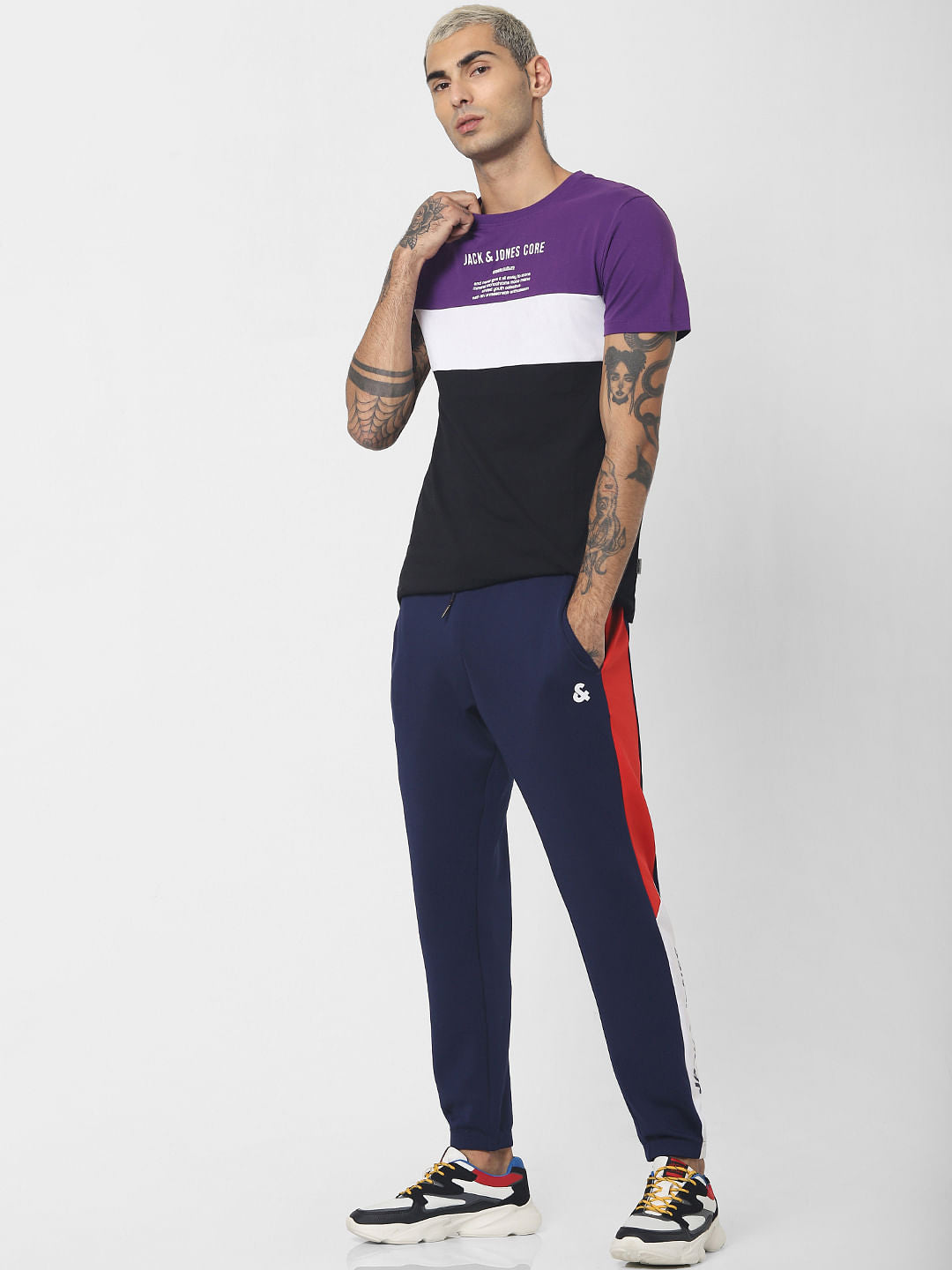 Purple Colourblocked Crew Neck T-shirt
