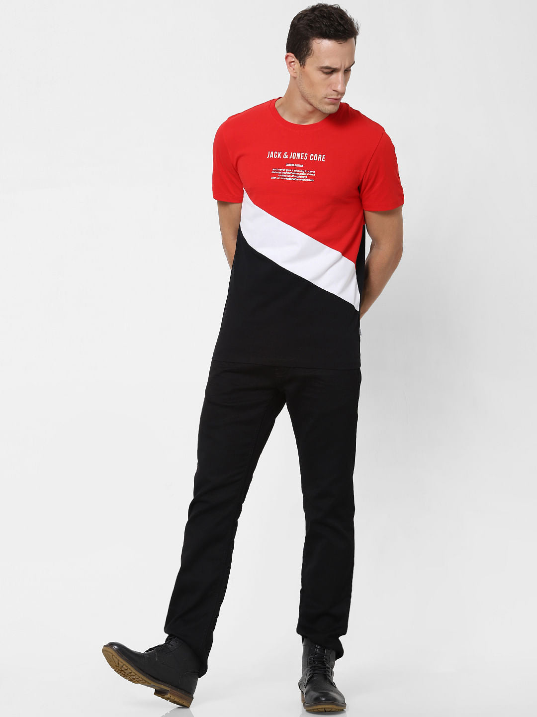 Red Colourblocked Crew Neck T-shirt