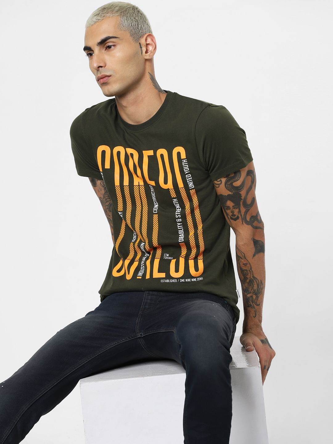 Green Typographic Print Crew Neck T-shirt - S