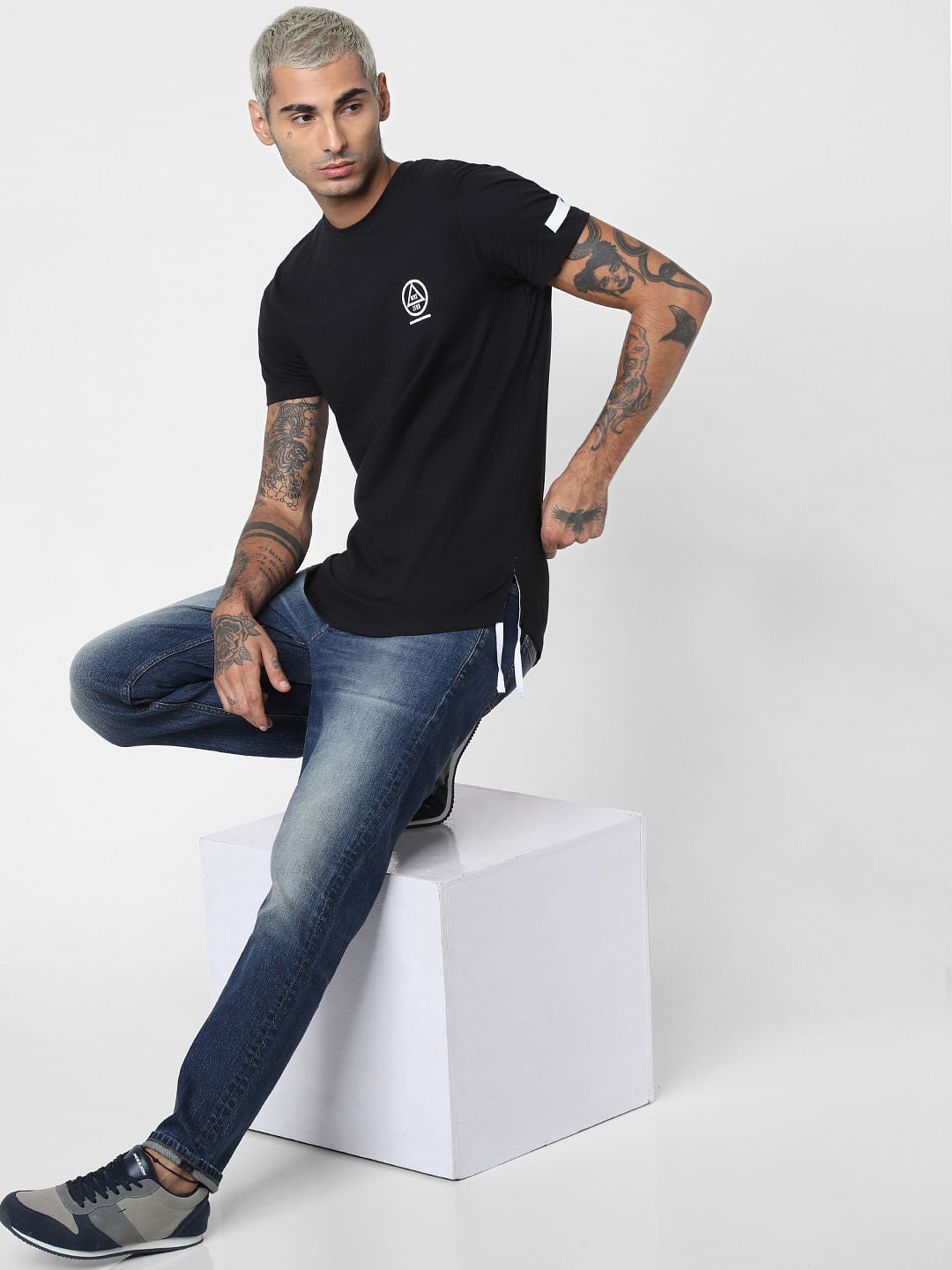 Black Tape Detail Crew Neck T-shirt - S