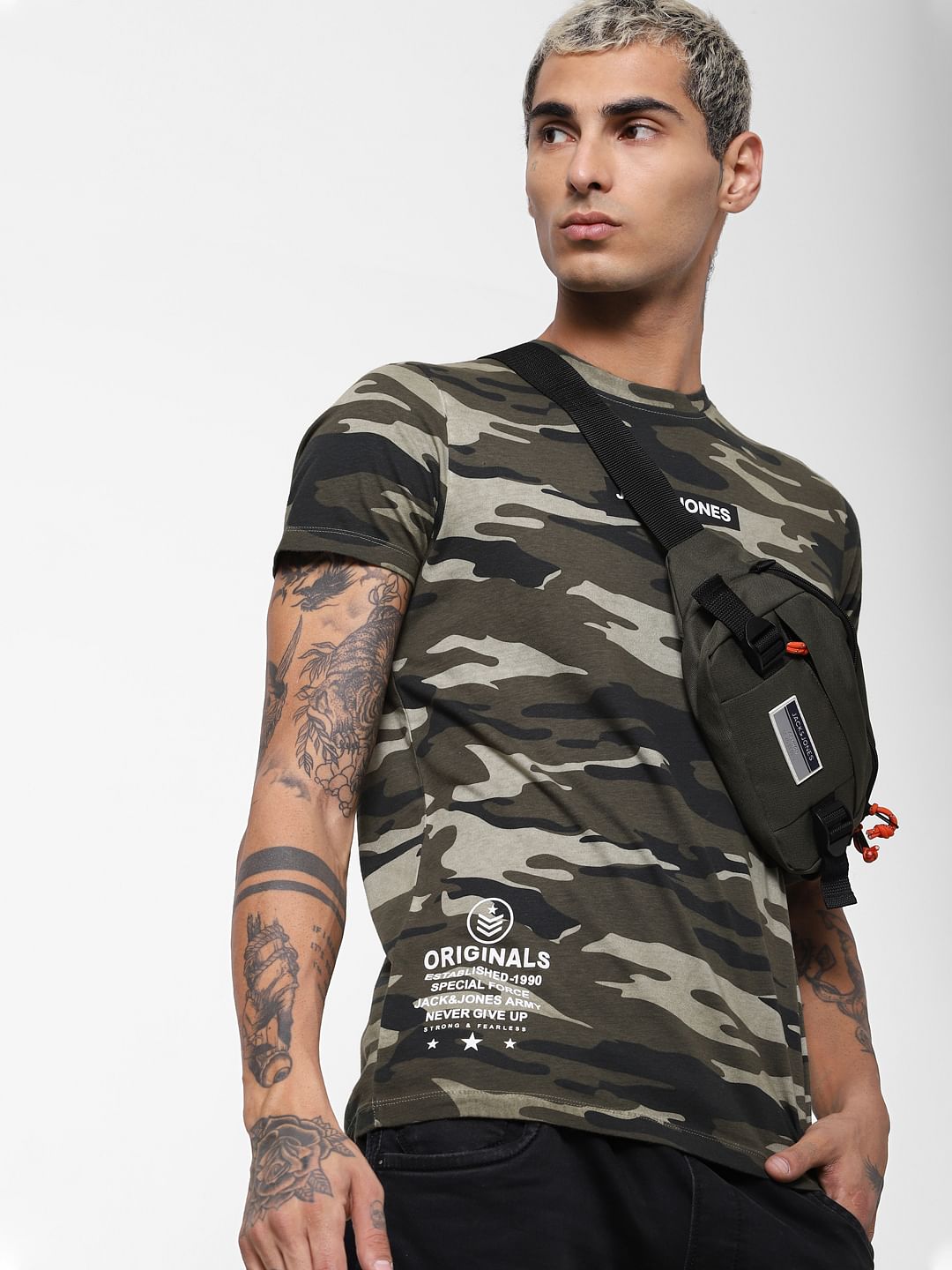 Green Camo Print Crew Neck T-shirt - S