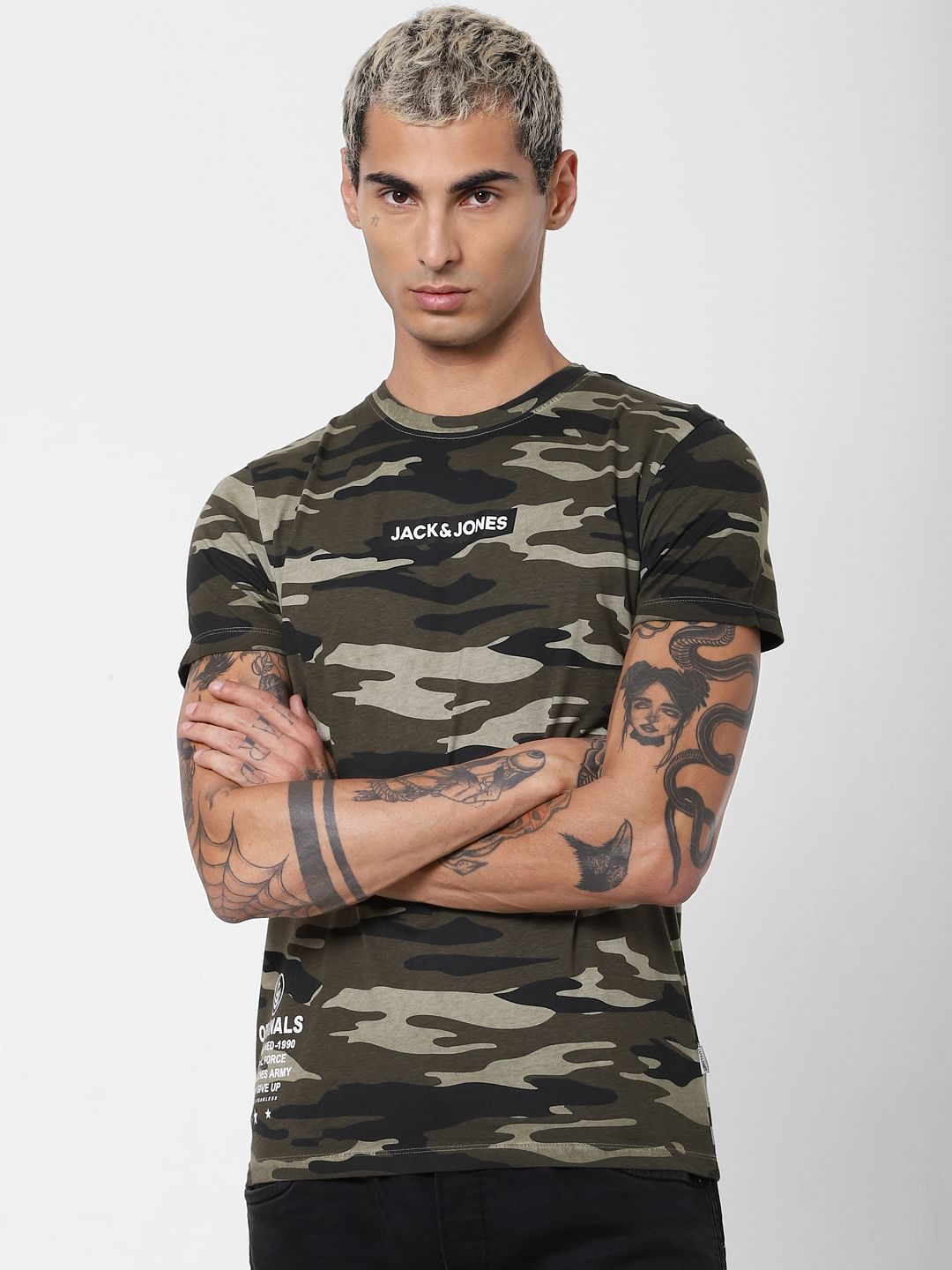 Green Camo Print Crew Neck T-shirt
