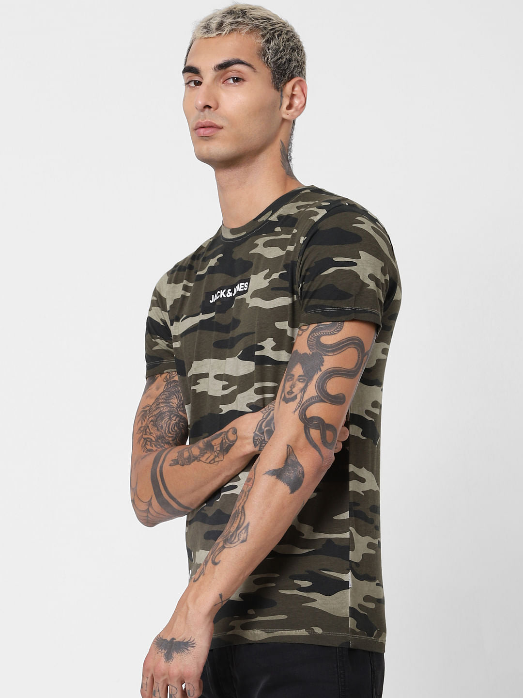 Green Camo Print Crew Neck T-shirt