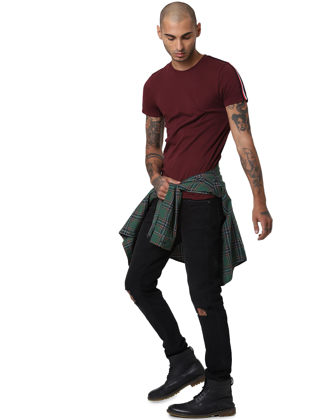 Maroon Tape Detail Crew Neck T-shirt - S
