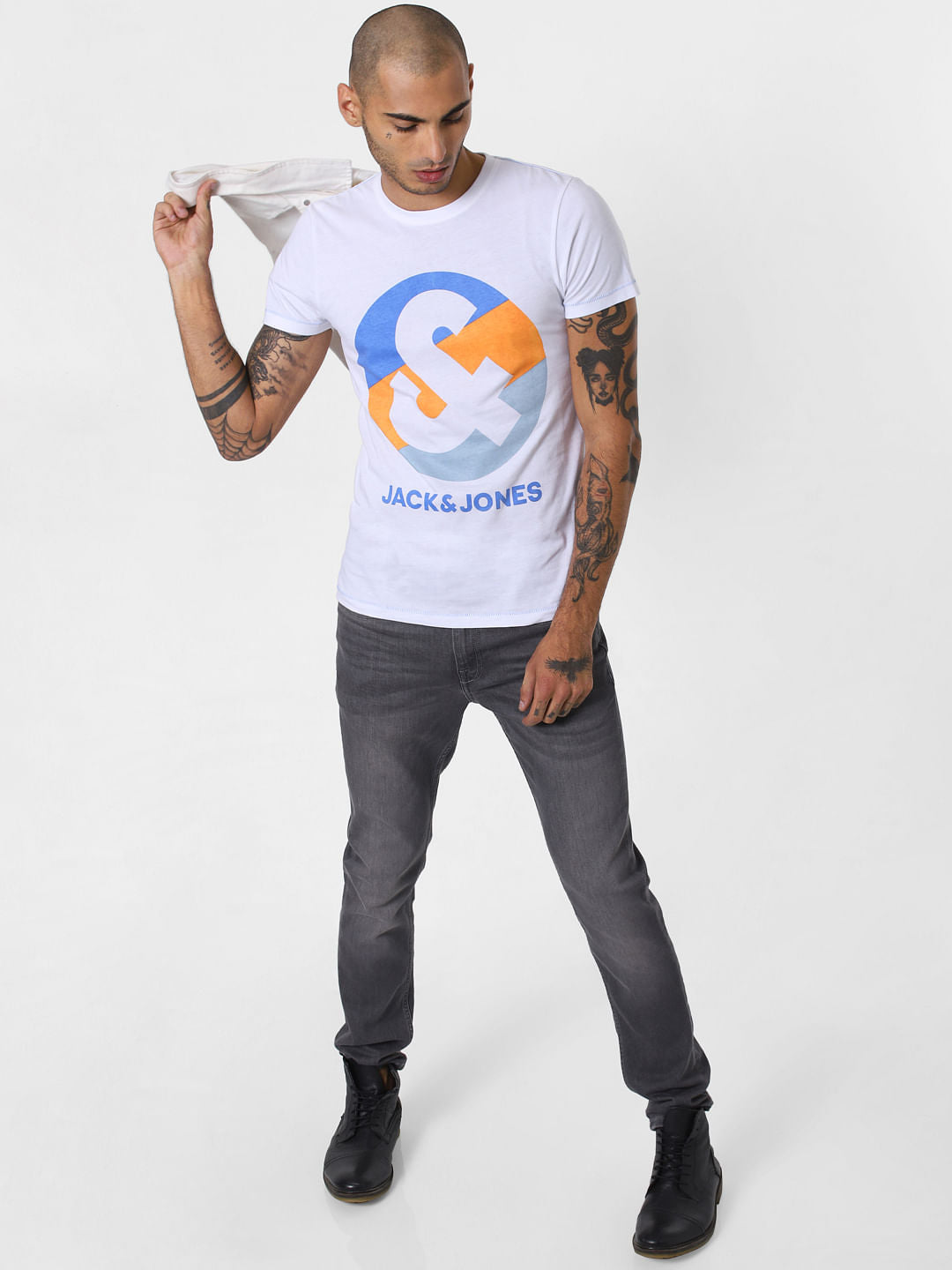 White Logo Print Crew Neck T-shirt - S