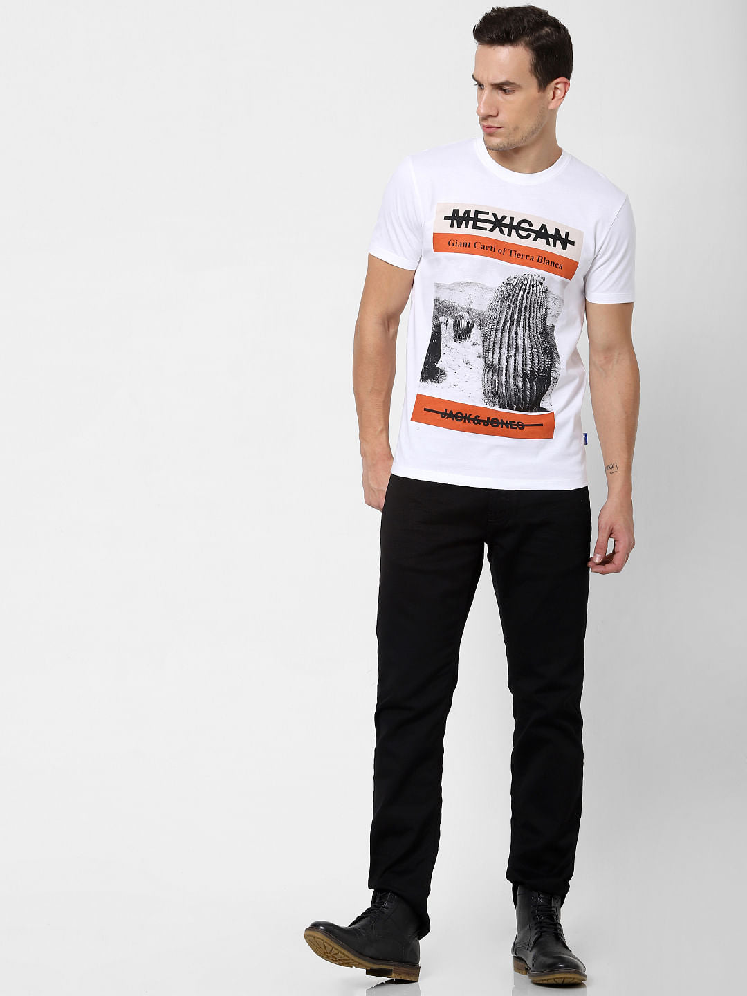 White Cactus Print Crew Neck T-shirt