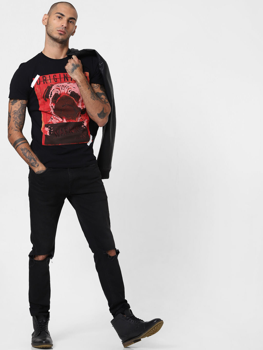 Black Graphic Print Crew Neck T-shirt - S